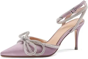 mikarka Women's Bowknot Rhinestone Stilettos Heels Pumps, Ankle Strap Satin Pointed Wedding Bride Bridesmaid Dressy Heeled Shoes Sandals