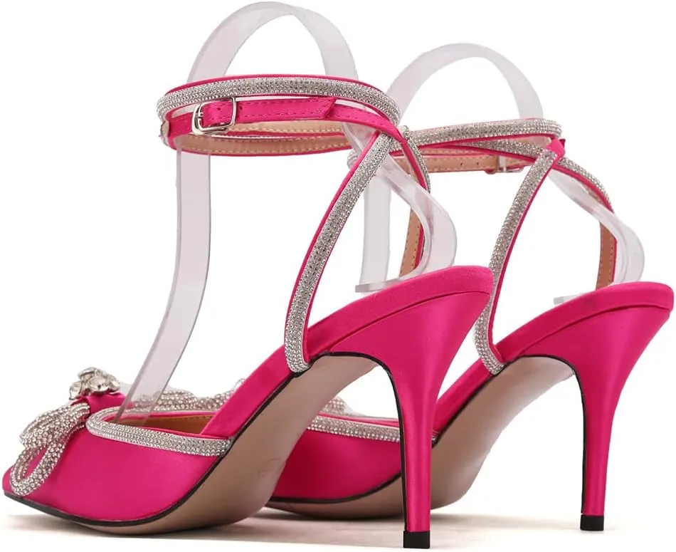 mikarka Women's Bowknot Rhinestone Stilettos Heels Pumps, Ankle Strap Satin Pointed Wedding Bride Bridesmaid Dressy Heeled Shoes Sandals