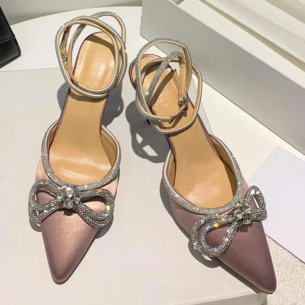 mikarka Women's Bowknot Rhinestone Stilettos Heels Pumps, Ankle Strap Satin Pointed Wedding Bride Bridesmaid Dressy Heeled Shoes Sandals