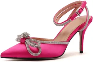 mikarka Women's Bowknot Rhinestone Stilettos Heels Pumps, Ankle Strap Satin Pointed Wedding Bride Bridesmaid Dressy Heeled Shoes Sandals
