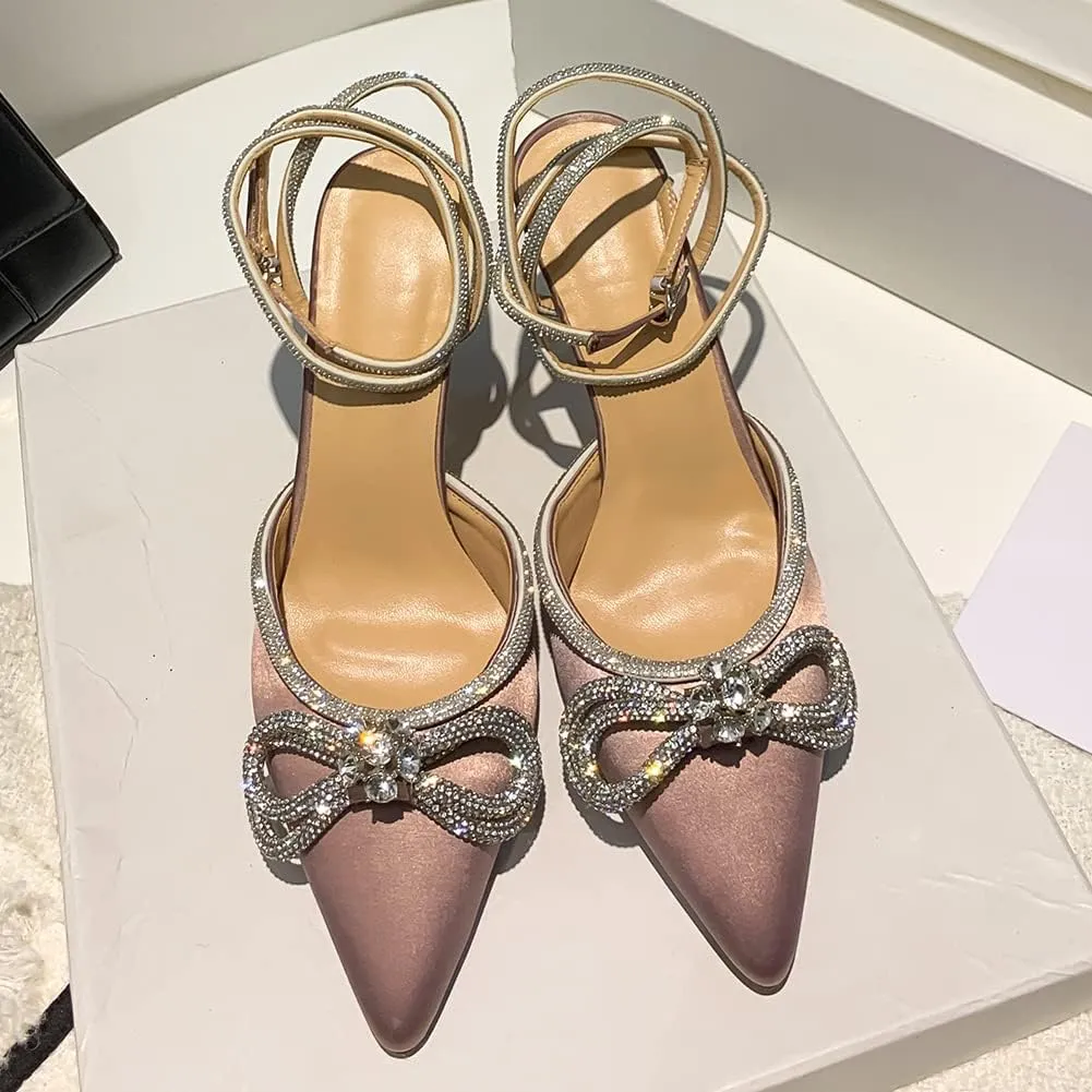 mikarka Women's Bowknot Rhinestone Stilettos Heels Pumps, Ankle Strap Satin Pointed Wedding Bride Bridesmaid Dressy Heeled Shoes Sandals