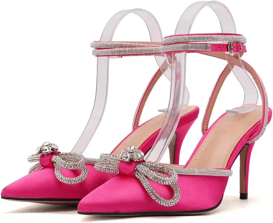 mikarka Women's Bowknot Rhinestone Stilettos Heels Pumps, Ankle Strap Satin Pointed Wedding Bride Bridesmaid Dressy Heeled Shoes Sandals