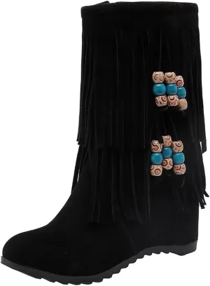 MIOKE Women's Suede Tassel Flat Ankle Boots Round Toe Slip On Low Heel Winter Wide Fringed Short Booties