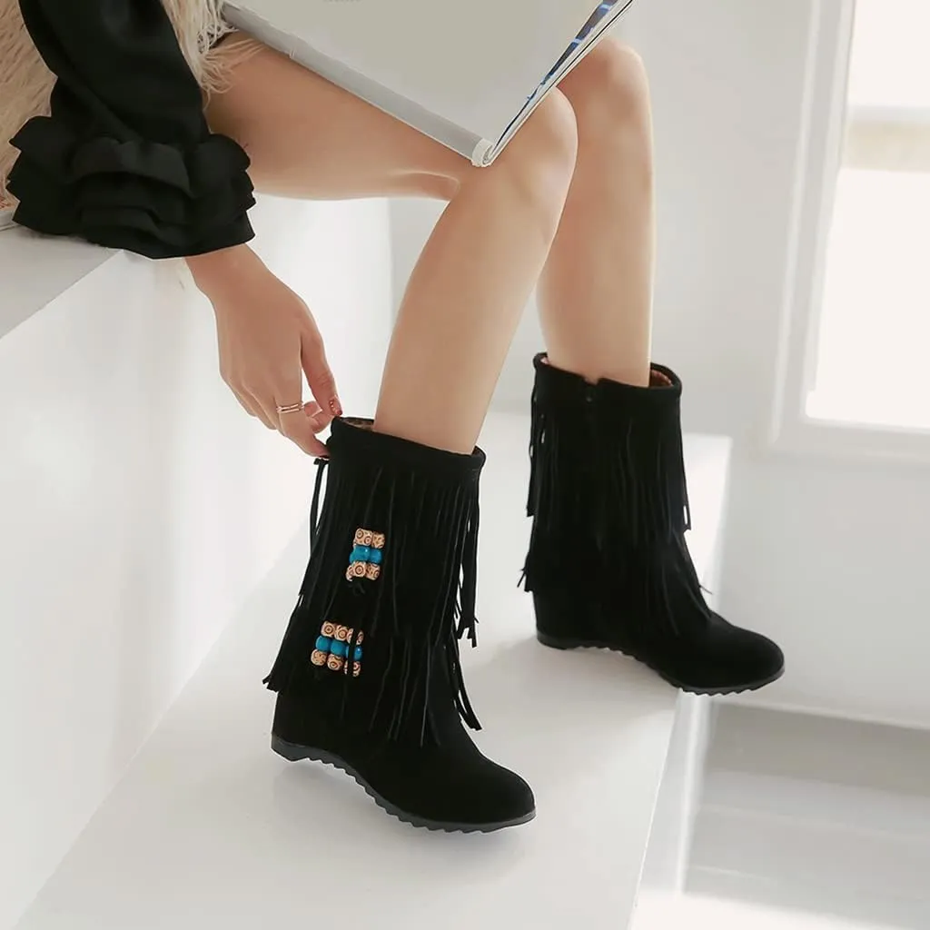 MIOKE Women's Suede Tassel Flat Ankle Boots Round Toe Slip On Low Heel Winter Wide Fringed Short Booties