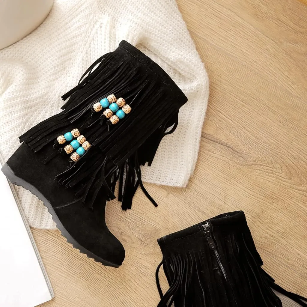 MIOKE Women's Suede Tassel Flat Ankle Boots Round Toe Slip On Low Heel Winter Wide Fringed Short Booties
