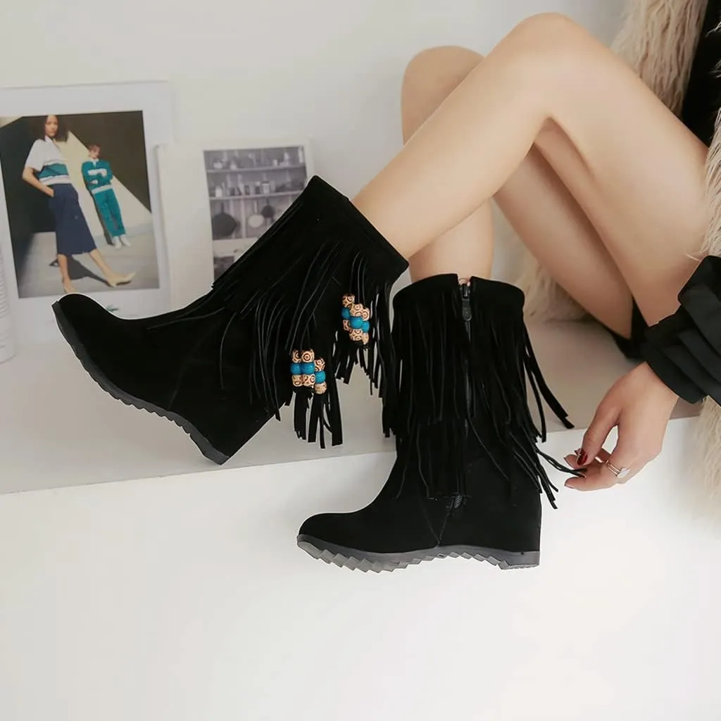 MIOKE Women's Suede Tassel Flat Ankle Boots Round Toe Slip On Low Heel Winter Wide Fringed Short Booties