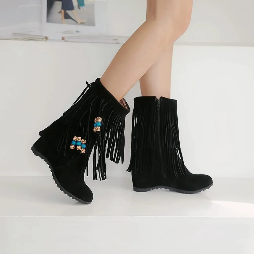 MIOKE Women's Suede Tassel Flat Ankle Boots Round Toe Slip On Low Heel Winter Wide Fringed Short Booties