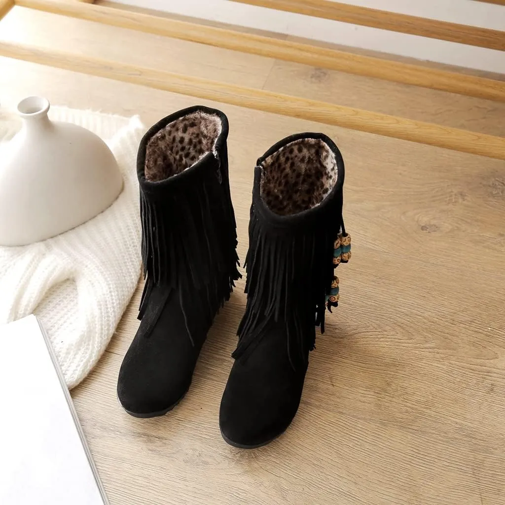 MIOKE Women's Suede Tassel Flat Ankle Boots Round Toe Slip On Low Heel Winter Wide Fringed Short Booties
