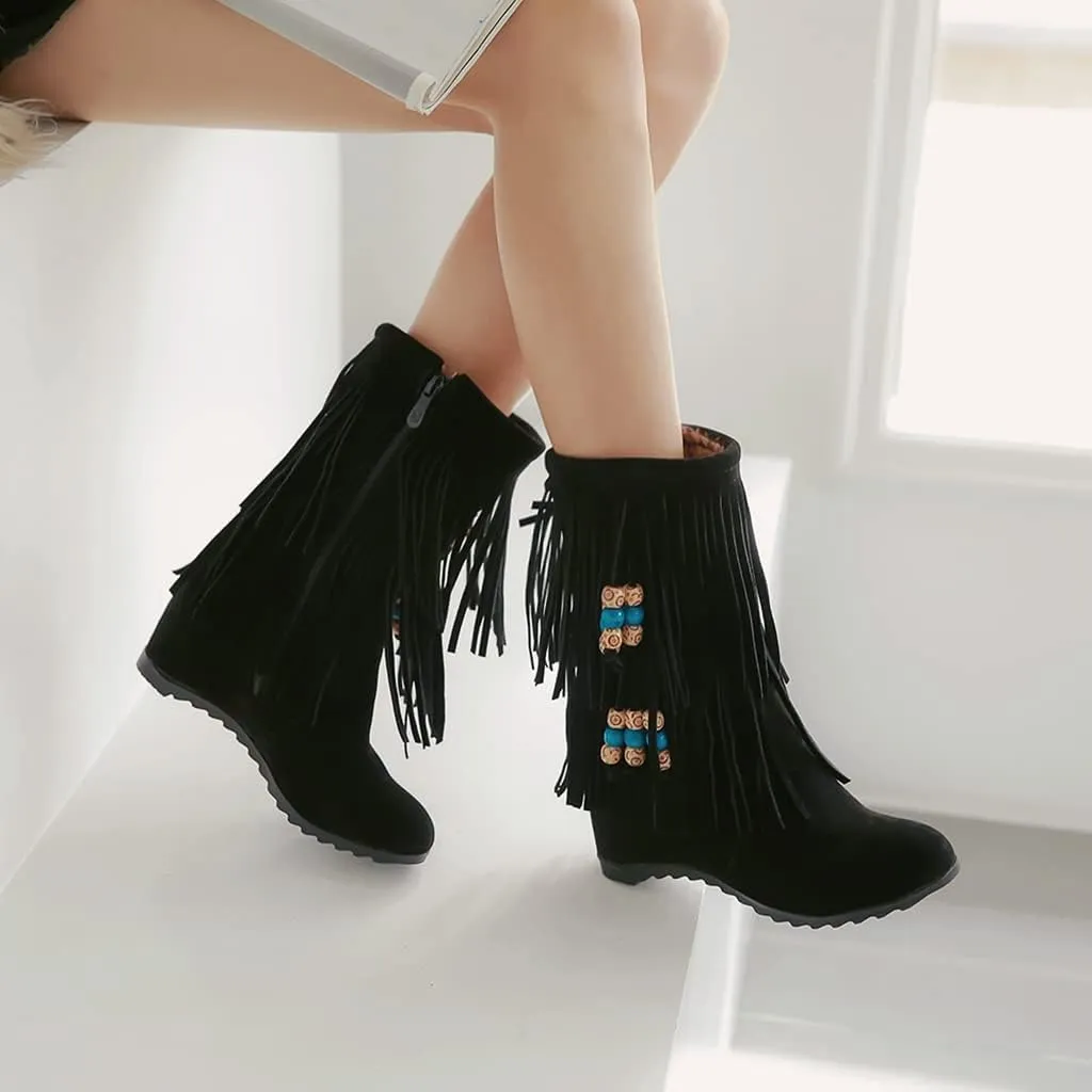 MIOKE Women's Suede Tassel Flat Ankle Boots Round Toe Slip On Low Heel Winter Wide Fringed Short Booties