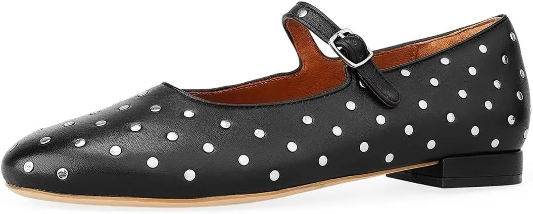 miss left Women Adjustable Single Strap Buckle Chic Studded Mary Jane Flats Comfortable Round Toe Party Casual Daily Work Shoes Size 4-16 US
