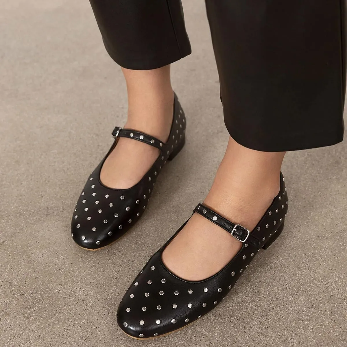 miss left Women Adjustable Single Strap Buckle Chic Studded Mary Jane Flats Comfortable Round Toe Party Casual Daily Work Shoes Size 4-16 US
