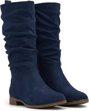 MOOMMO Women Mid Calf Slouch Boots Suede Calf High Boots Flats Flat Heel Long Boots Wide Calf Side Zipper Winter Boots Round Toe Flat Boots Retro Cute Casual Comfy Winter 4-13 M US