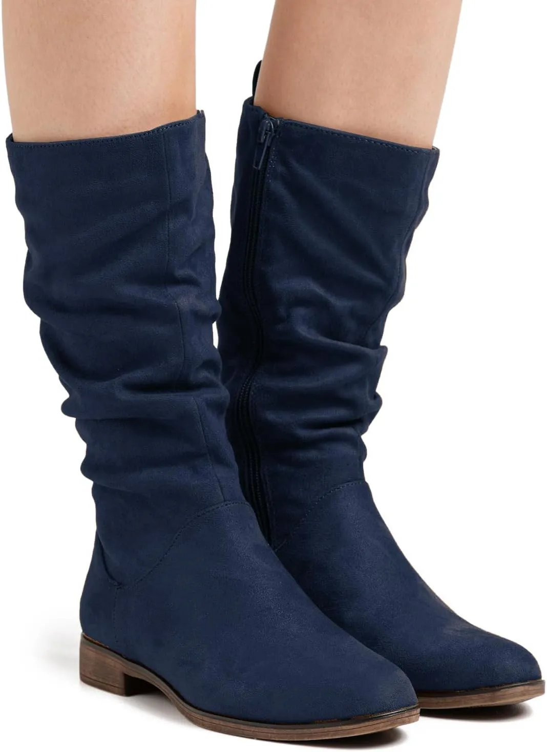 MOOMMO Women Mid Calf Slouch Boots Suede Calf High Boots Flats Flat Heel Long Boots Wide Calf Side Zipper Winter Boots Round Toe Flat Boots Retro Cute Casual Comfy Winter 4-13 M US