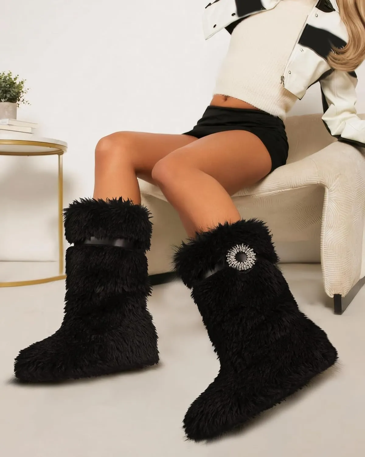 MUCCCUTE Faux Fur Boots for Women 2024 Furry Fluffy Boots Mid-Calf Snow Winter Boots Round Toe Comfy Plush Warm Indoor Outdoor Flat Heel Fashion Y2K Boot