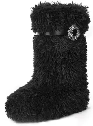 MUCCCUTE Faux Fur Boots for Women 2024 Furry Fluffy Boots Mid-Calf Snow Winter Boots Round Toe Comfy Plush Warm Indoor Outdoor Flat Heel Fashion Y2K Boot