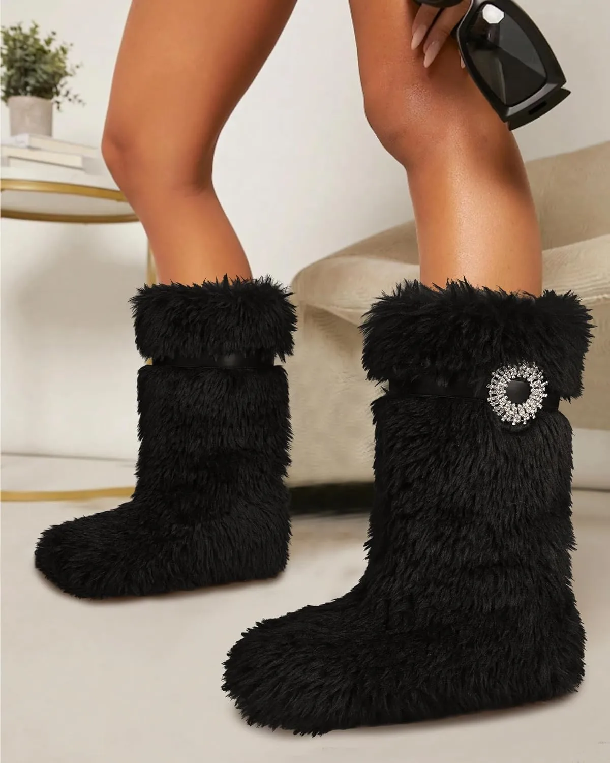 MUCCCUTE Faux Fur Boots for Women 2024 Furry Fluffy Boots Mid-Calf Snow Winter Boots Round Toe Comfy Plush Warm Indoor Outdoor Flat Heel Fashion Y2K Boot