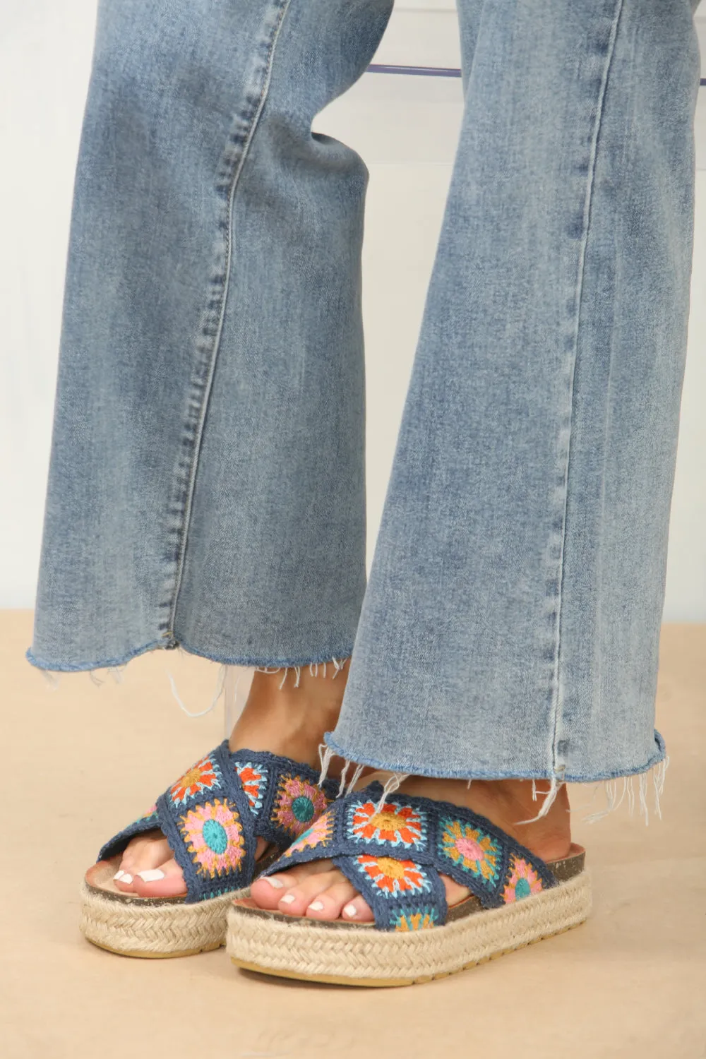 NAVY CROCHET DETAIL CROSS STRAP PRINTED SANDALS