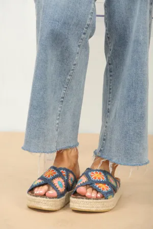 NAVY CROCHET DETAIL CROSS STRAP PRINTED SANDALS