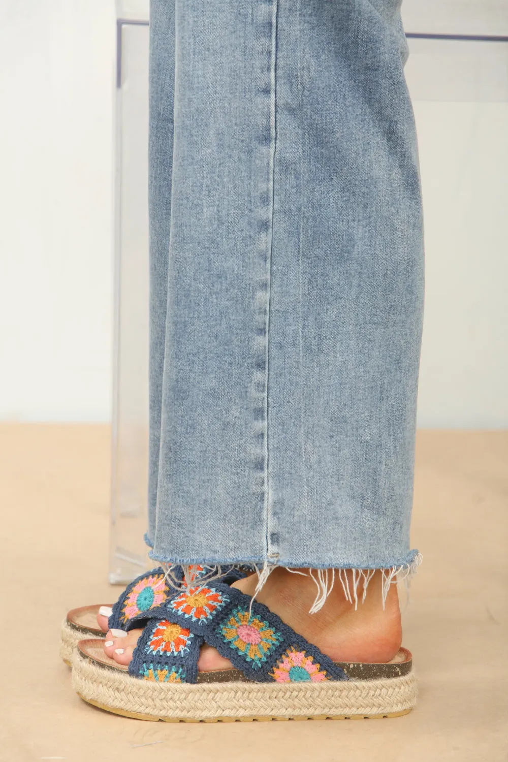 NAVY CROCHET DETAIL CROSS STRAP PRINTED SANDALS