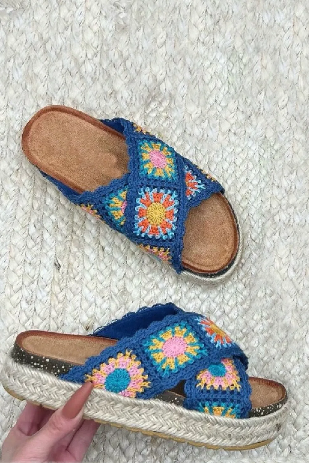 NAVY CROCHET DETAIL CROSS STRAP PRINTED SANDALS