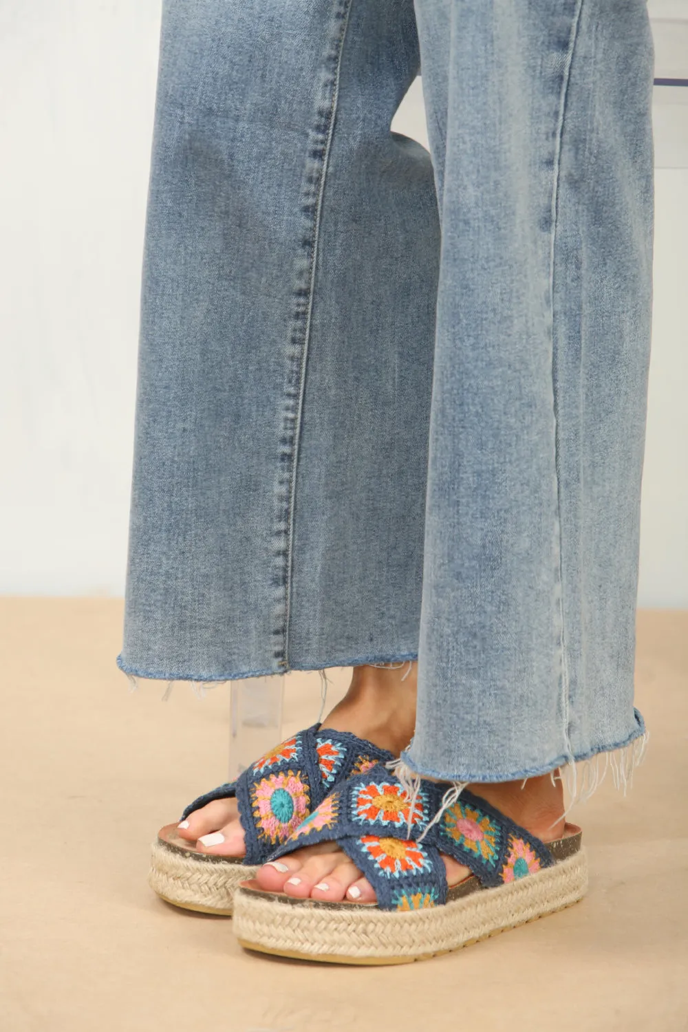NAVY CROCHET DETAIL CROSS STRAP PRINTED SANDALS
