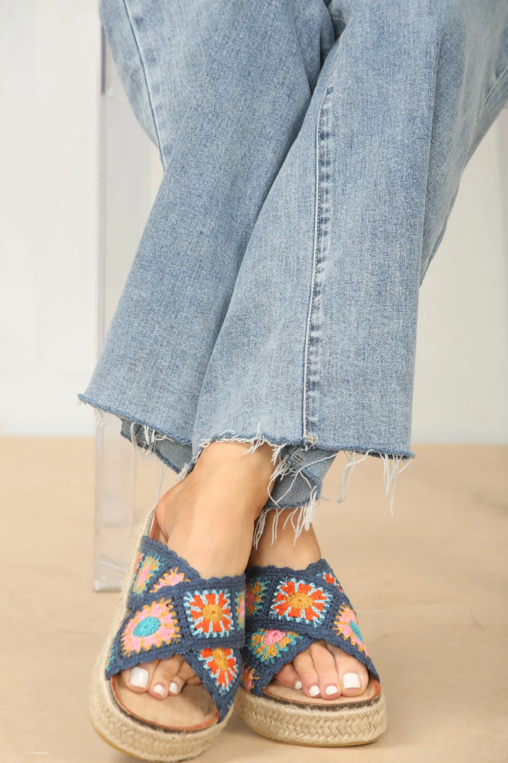 NAVY CROCHET DETAIL CROSS STRAP PRINTED SANDALS