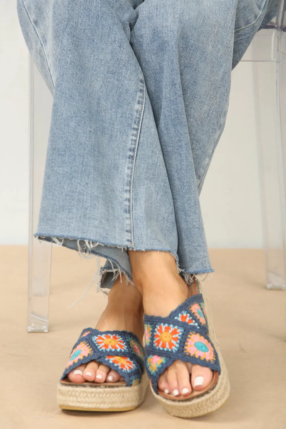 NAVY CROCHET DETAIL CROSS STRAP PRINTED SANDALS
