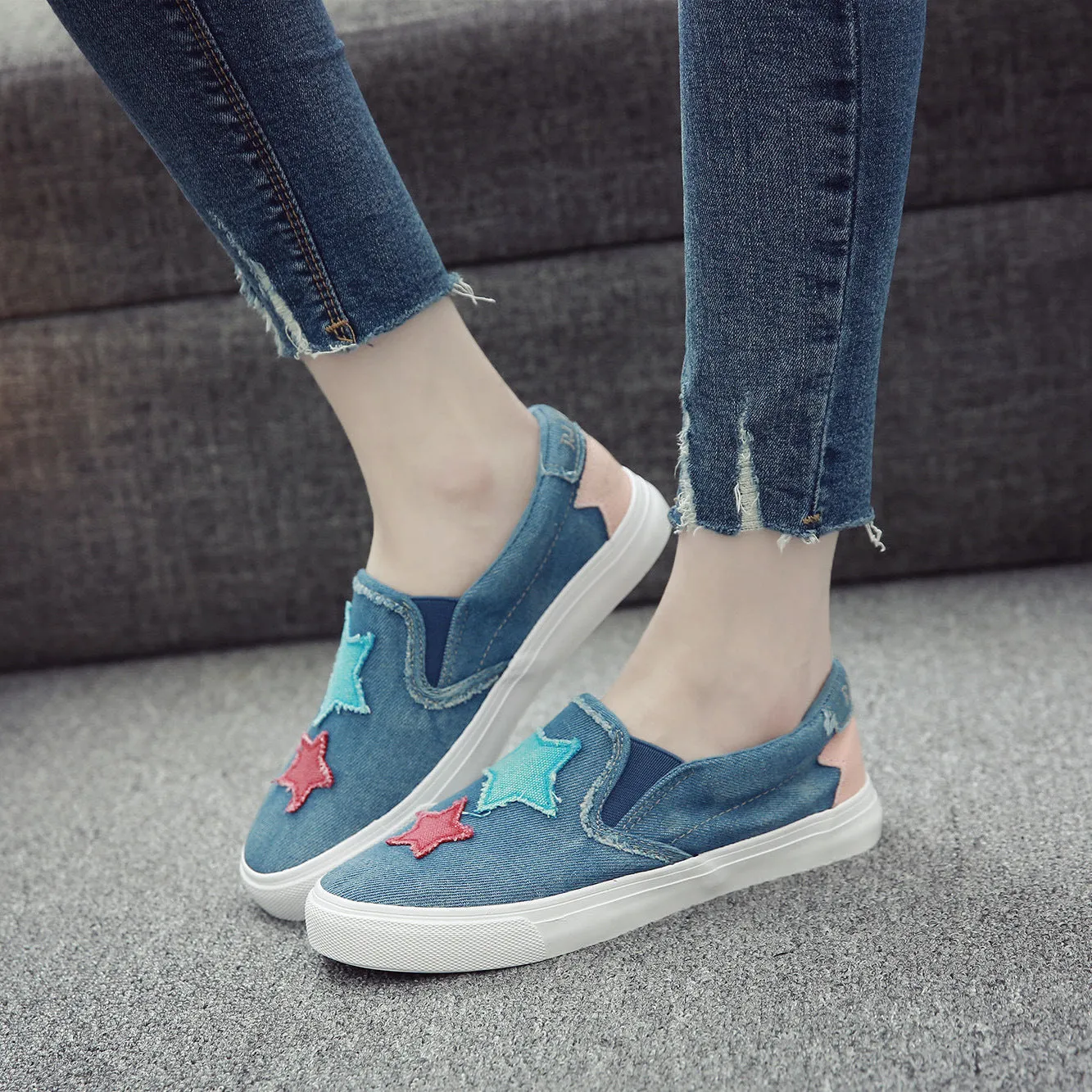 new students canvas shoes female pedal flat loafer denim casual shoes