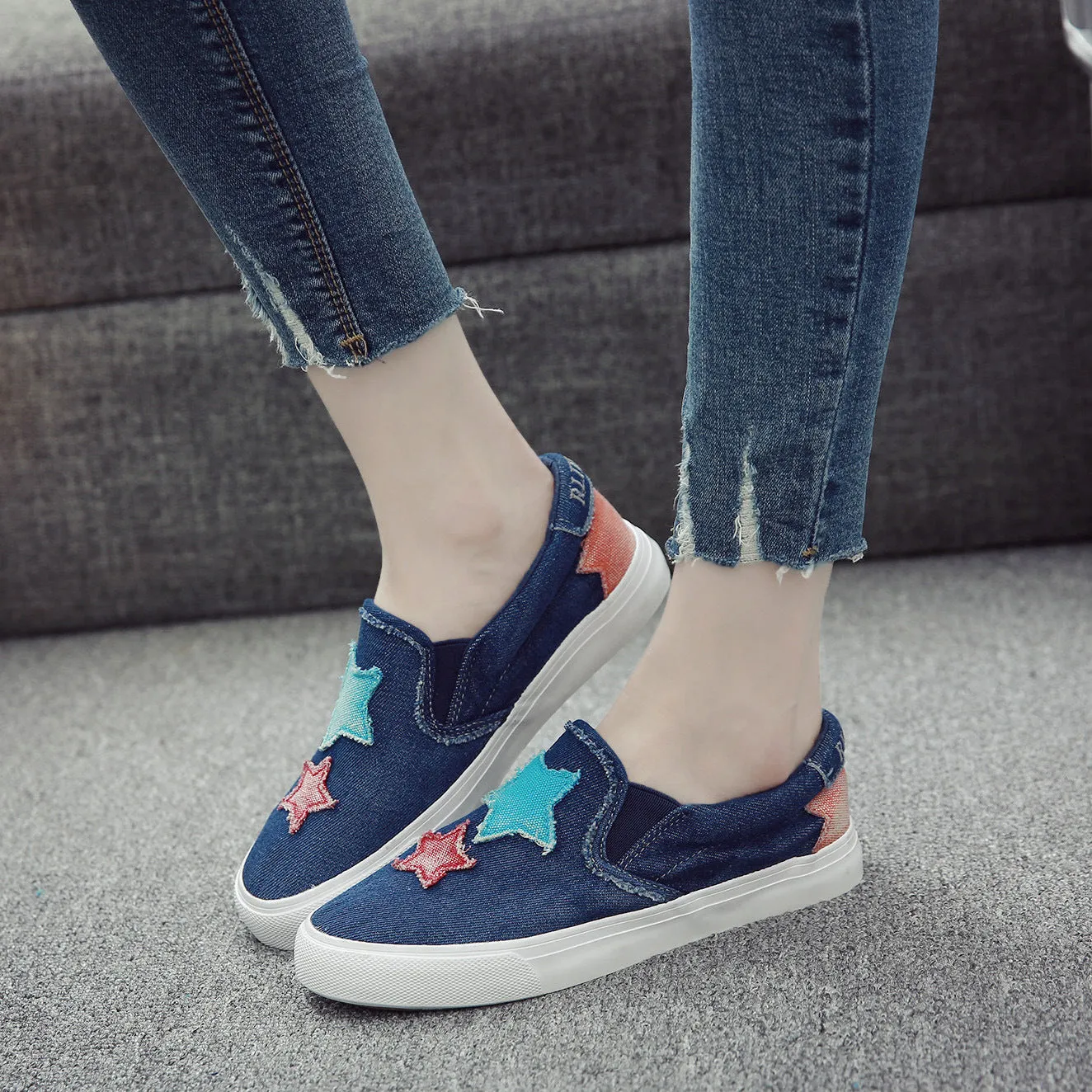 new students canvas shoes female pedal flat loafer denim casual shoes