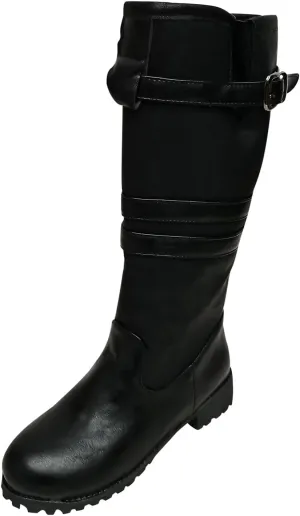 oiangi Vintage Boots for Women Low Heel - Retro Round Toe Buckle Strap Western Cowboy Chunky Heel Mid Calf Boots Casual Color Block Slip on Shoes