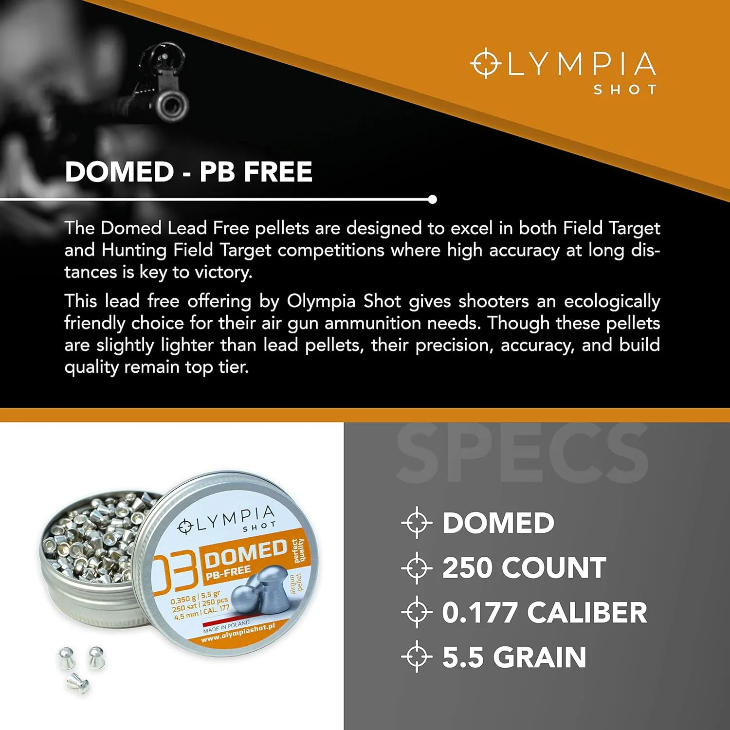Olympia Shot Air Gun Pellets | .177 Caliber, .22 Caliber, .25 Caliber | Domed, Pointed, Flat Wadcutter Heads | Various Weights for Target Shooting, Hunting, Competition, and Training | 150-500 Count