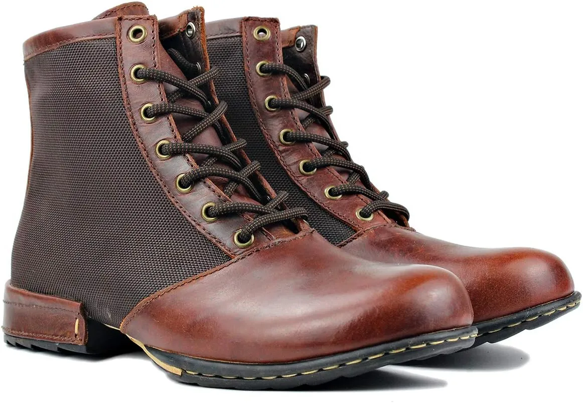 OSSTONE Moto Boots for Men Fashion lace-up Leather Chukka Boots Casual Shoes OS-5008-2-red-brown-R