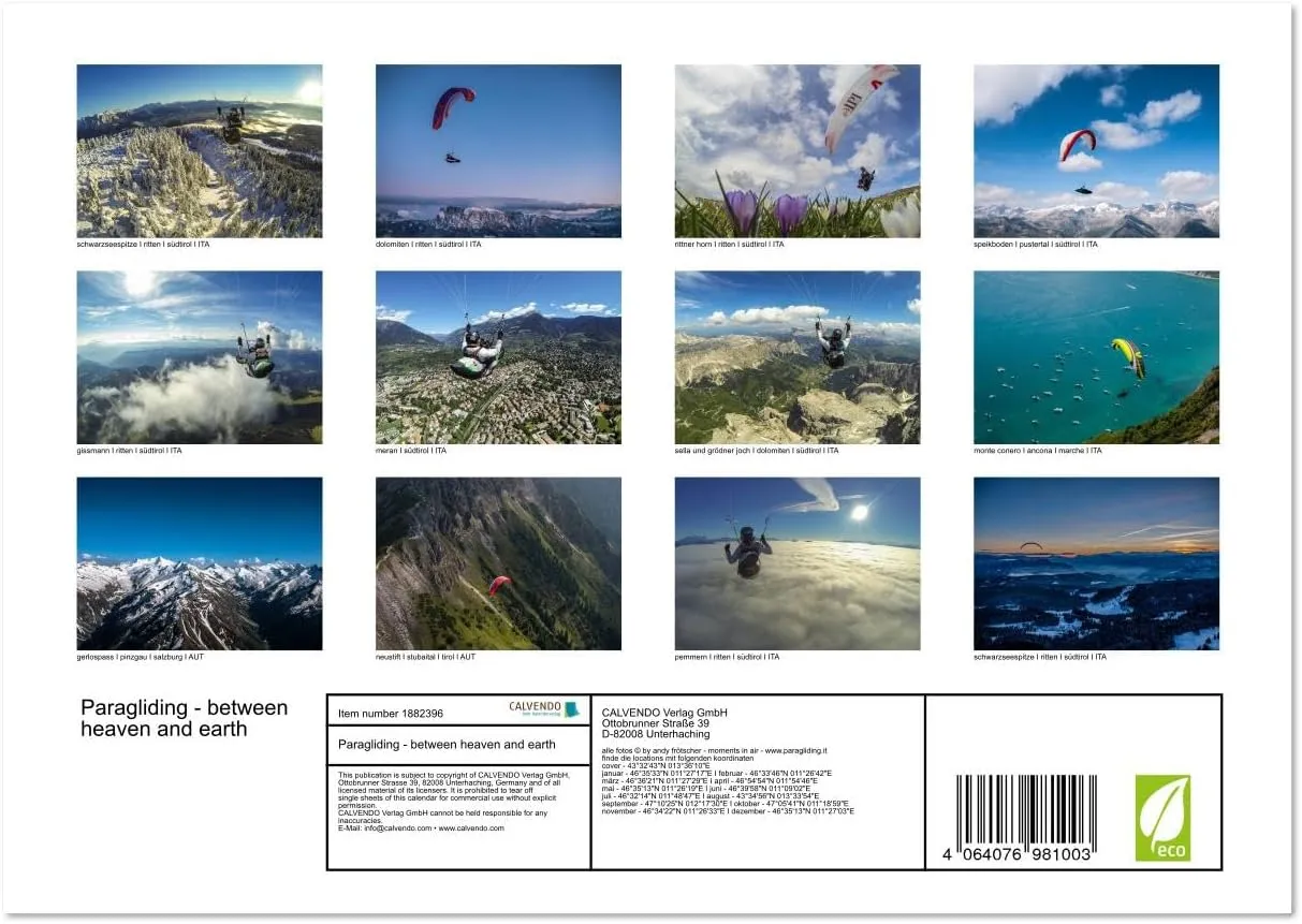 Paragliding - between heaven and earth (Monthly Wall Calendar 2025 11.7" x 16.5" (open)), CALVENDO 14 Month Calendar