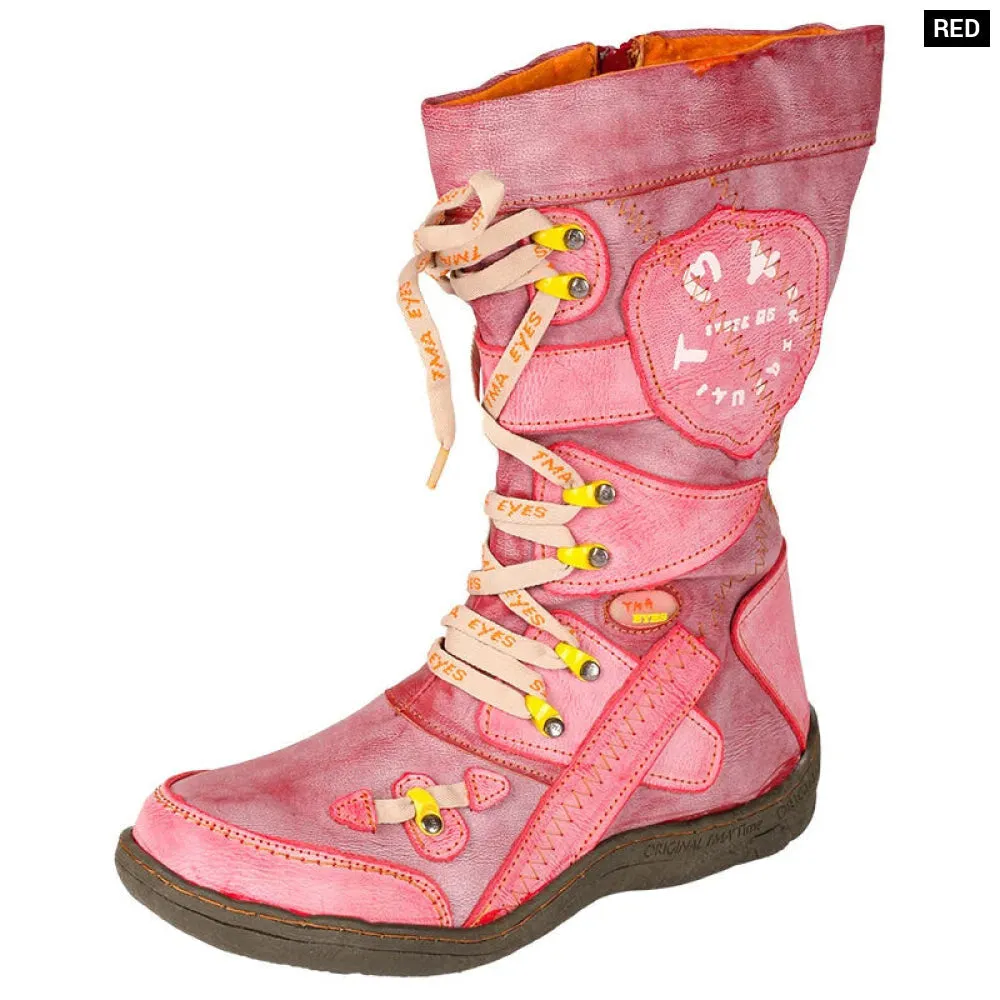 Patchwork Stitch-detail Pu Leather Mid-calf Womens Boot