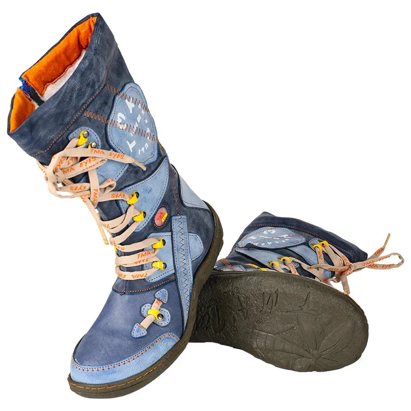 Patchwork Stitch-detail Pu Leather Mid-calf Womens Boot