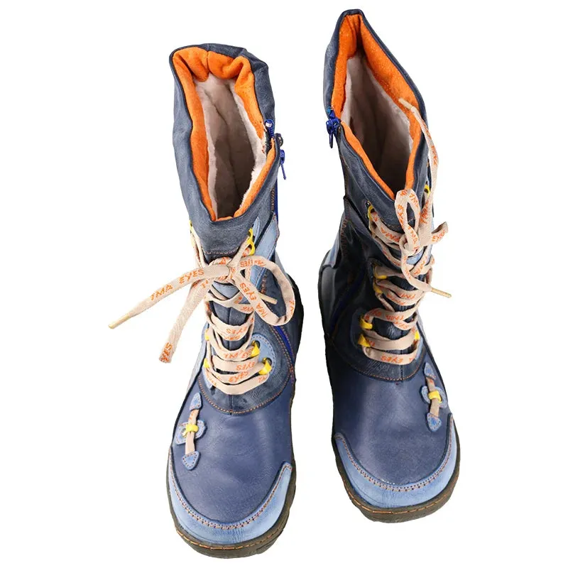 Patchwork Stitch-detail Pu Leather Mid-calf Womens Boot
