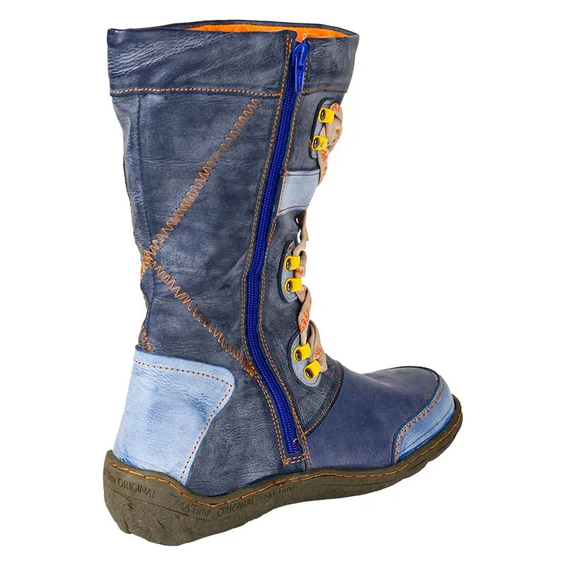 Patchwork Stitch-detail Pu Leather Mid-calf Womens Boot