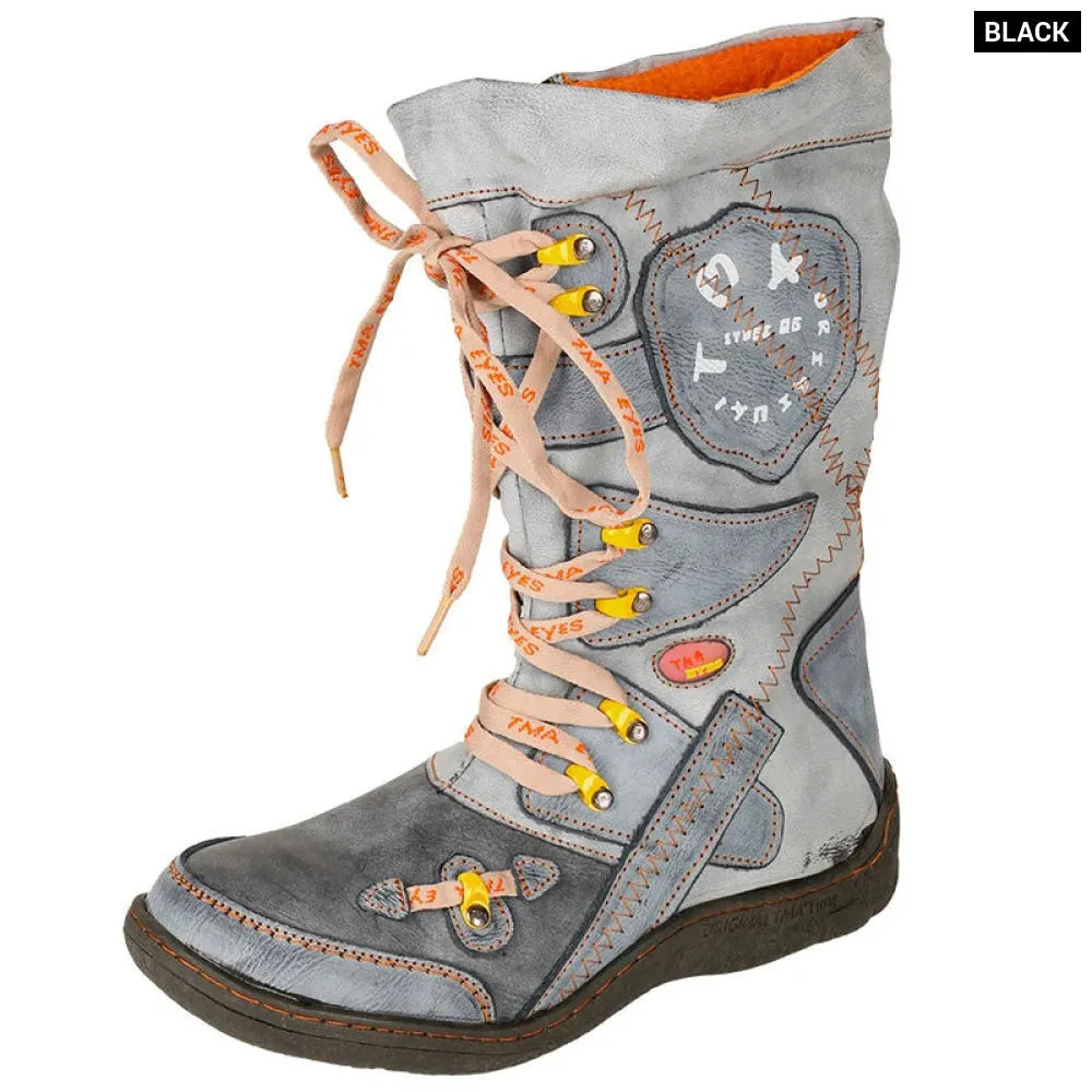 Patchwork Stitch-detail Pu Leather Mid-calf Womens Boot