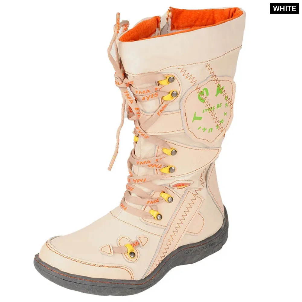 Patchwork Stitch-detail Pu Leather Mid-calf Womens Boot