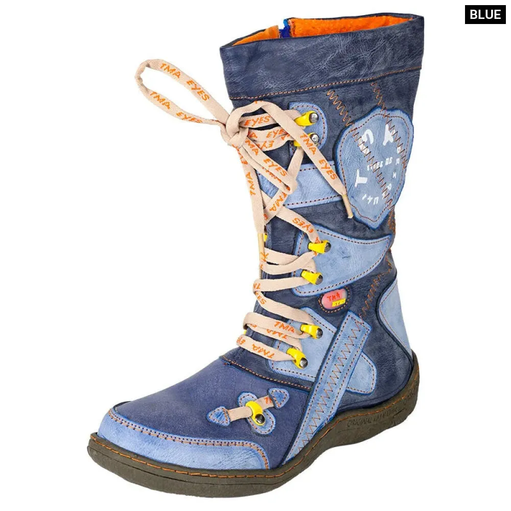 Patchwork Stitch-detail Pu Leather Mid-calf Womens Boot