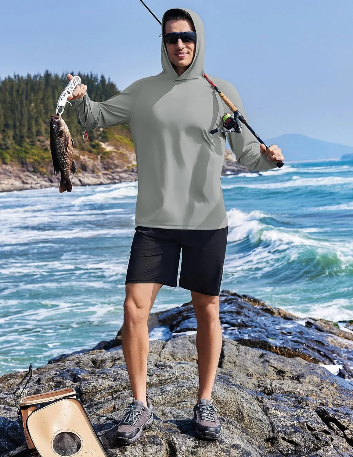 PINSPARK Men's UPF 50  Long Sleeve Rash Guard - Sun Protection Hoodie UV SPF Fishing Shirt for Athletic Running Swim Hiking