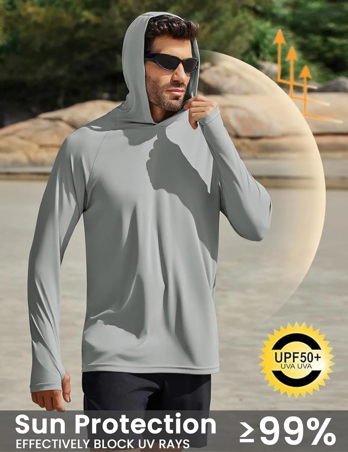 PINSPARK Men's UPF 50  Long Sleeve Rash Guard - Sun Protection Hoodie UV SPF Fishing Shirt for Athletic Running Swim Hiking
