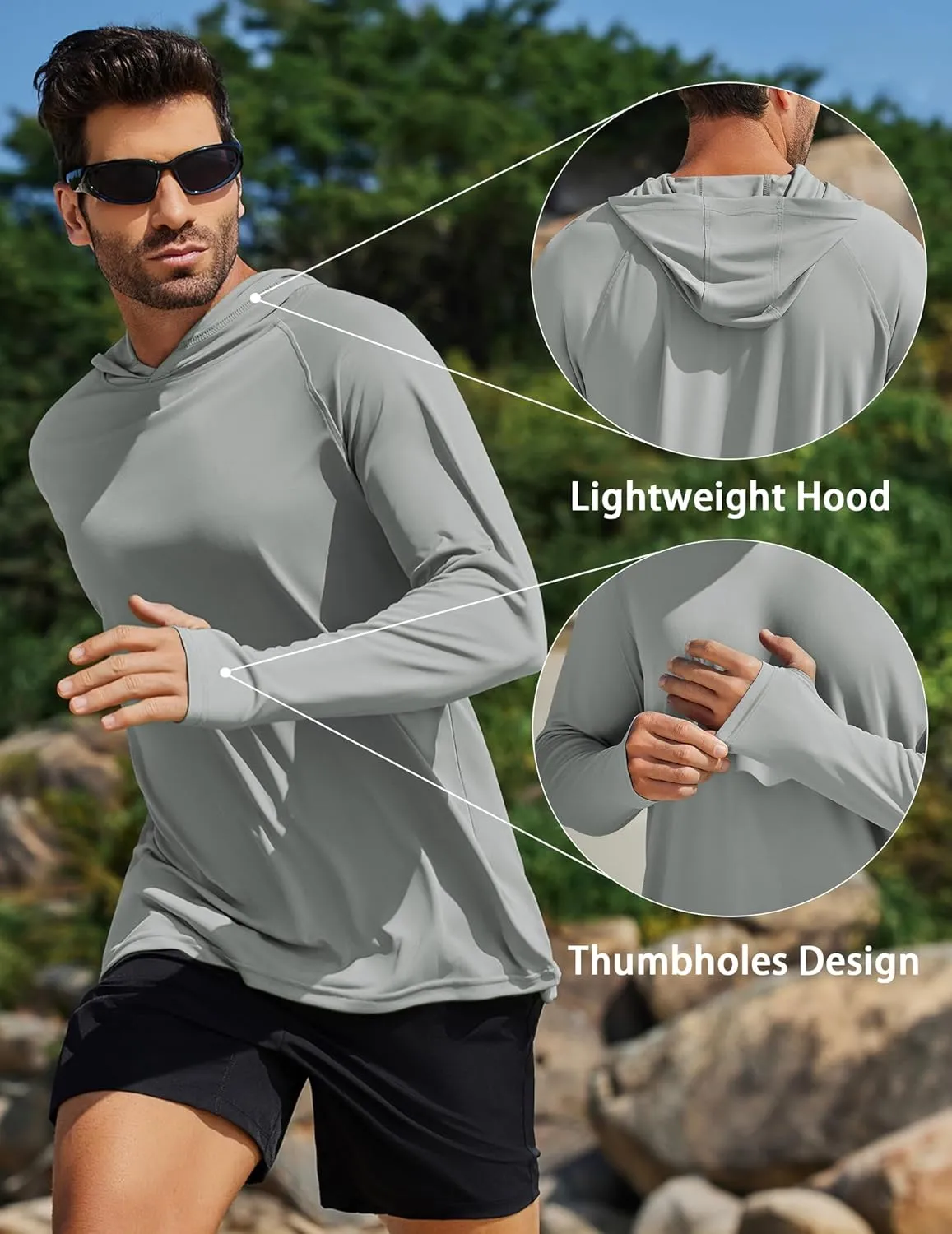 PINSPARK Men's UPF 50  Long Sleeve Rash Guard - Sun Protection Hoodie UV SPF Fishing Shirt for Athletic Running Swim Hiking
