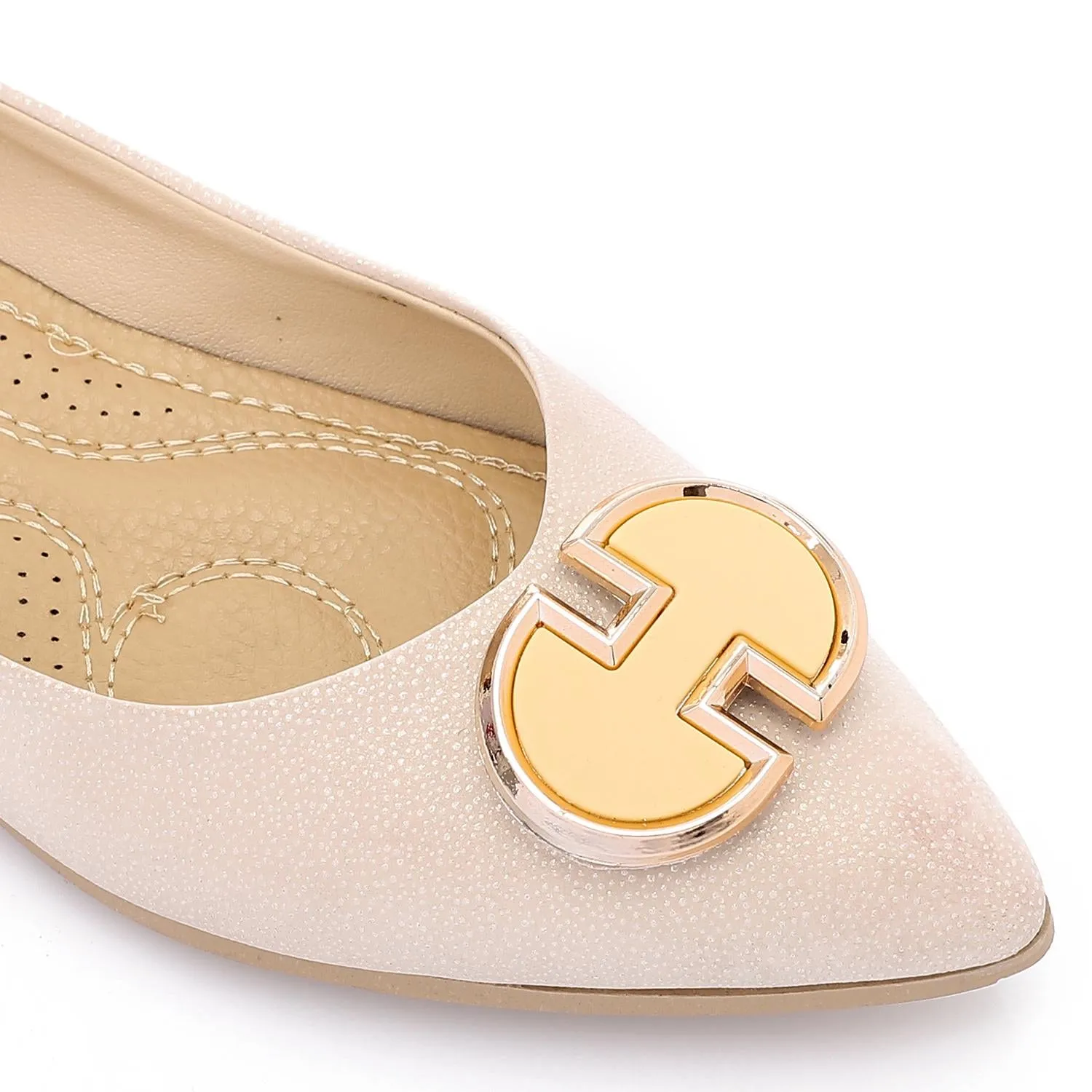 Pointed Toed Textured Leather Ballerinas Beige