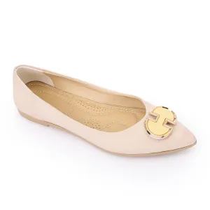 Pointed Toed Textured Leather Ballerinas Beige