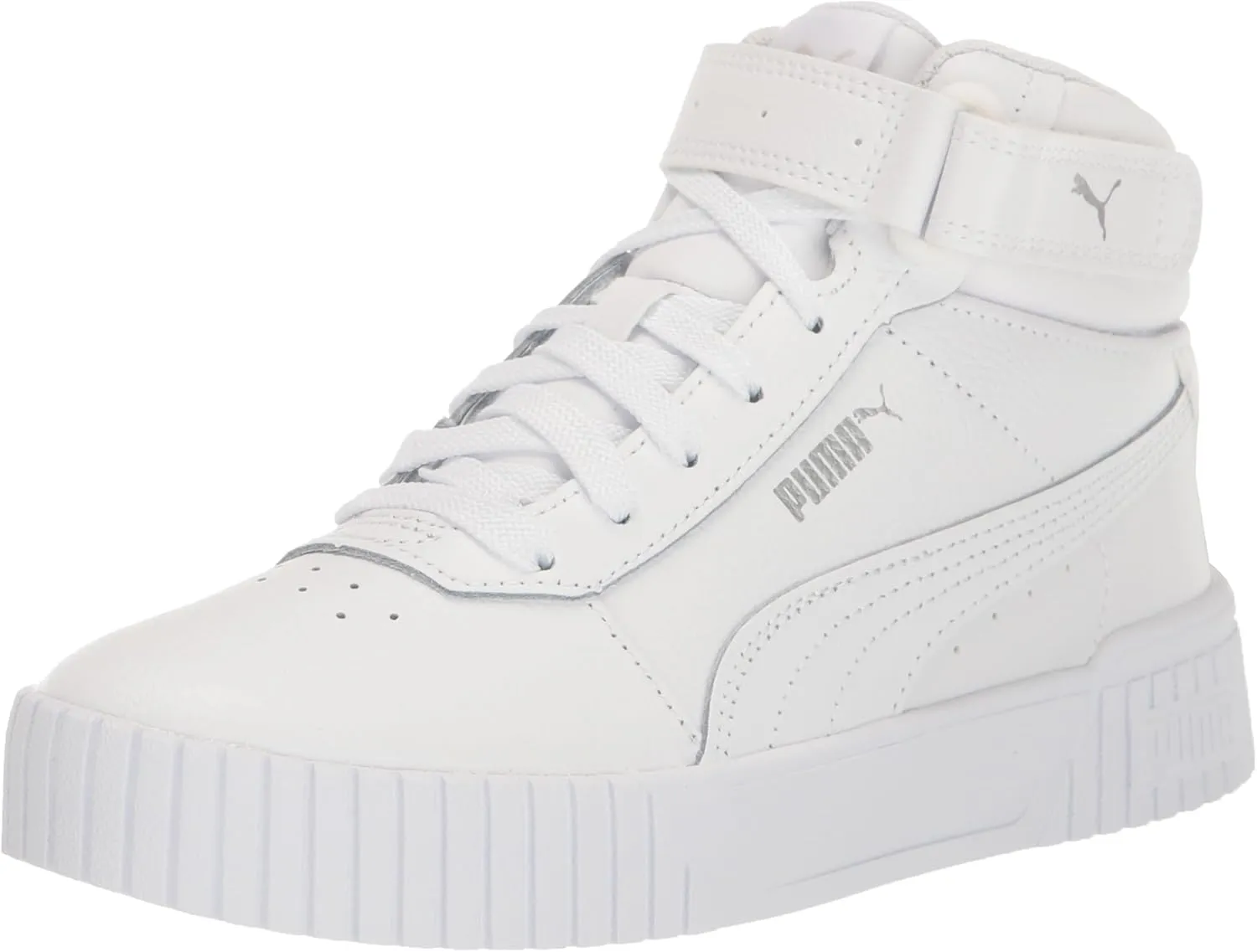 PUMA Unisex-Child Shoes Carina 2.0 Mid Sneaker, White Silver, 5 US Big Kid