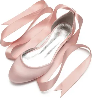 Ribbon Tie Wedding Flats for Bride 5047-62 Satin Comfortable Round Toe Party Dress Pumps Ballet Flat Shoes