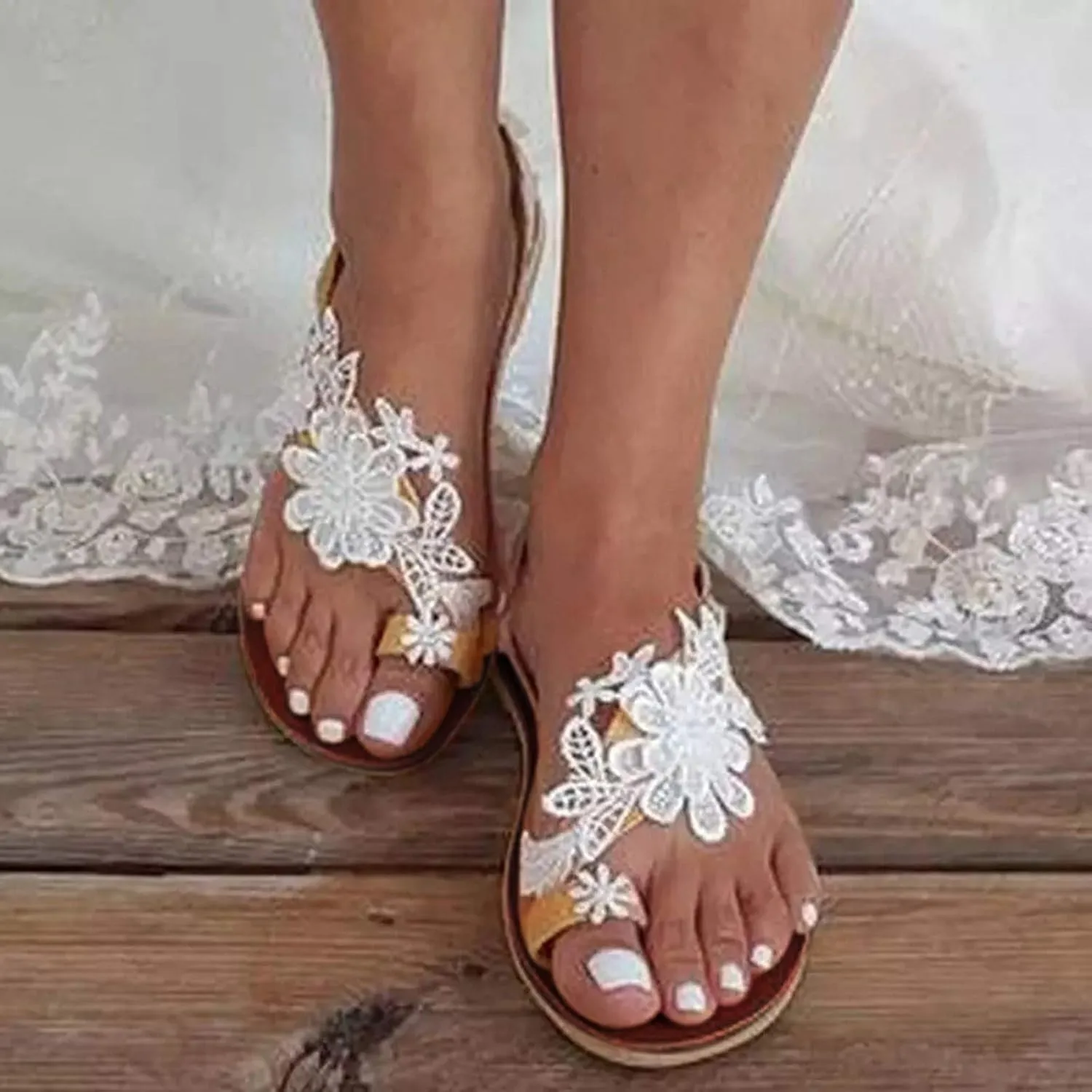 Sandals for Womens Casual Summer, Open Toe Flats Sandals Lace Trim Sandals Bohemian Vacation Photography Sandals Shoe