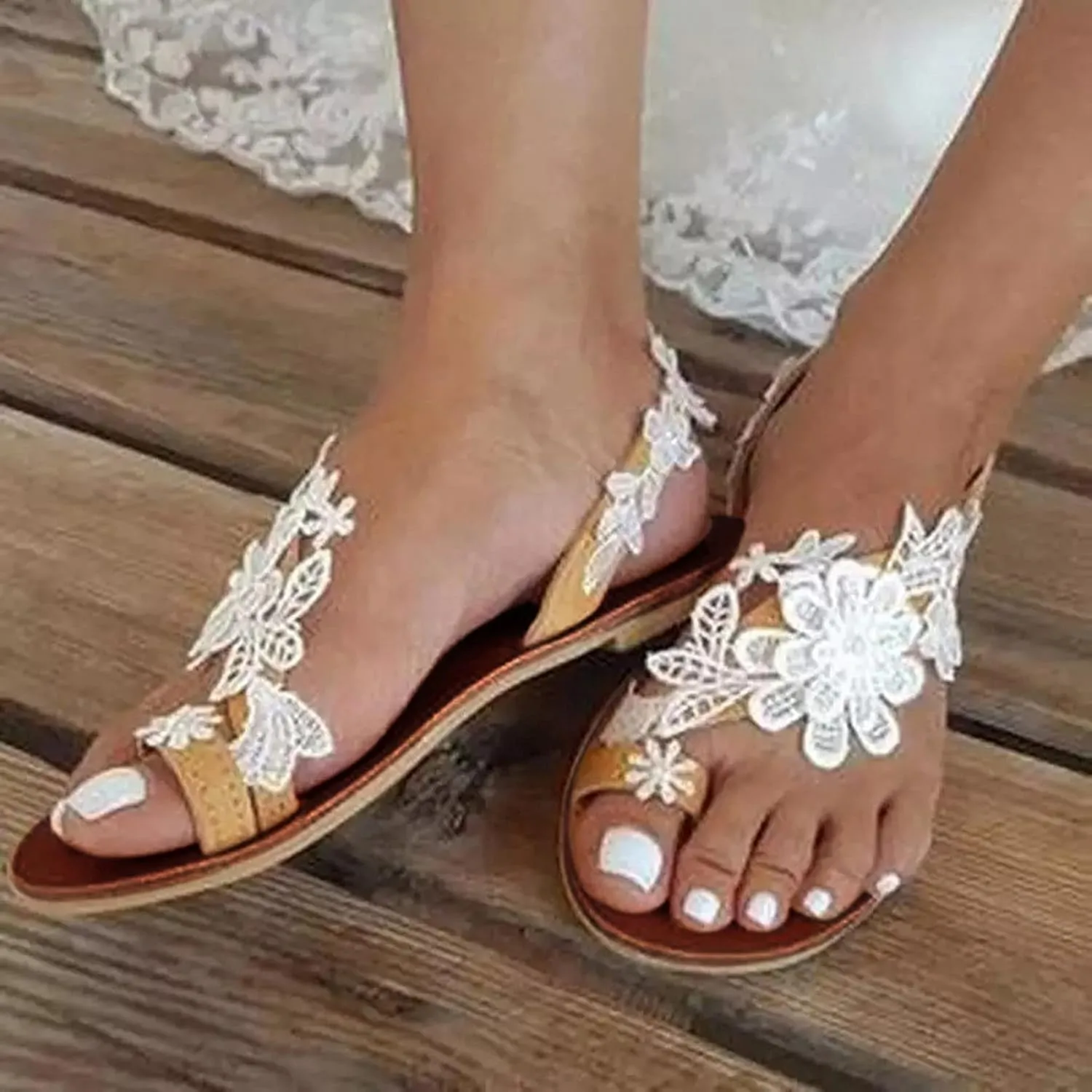 Sandals for Womens Casual Summer, Open Toe Flats Sandals Lace Trim Sandals Bohemian Vacation Photography Sandals Shoe