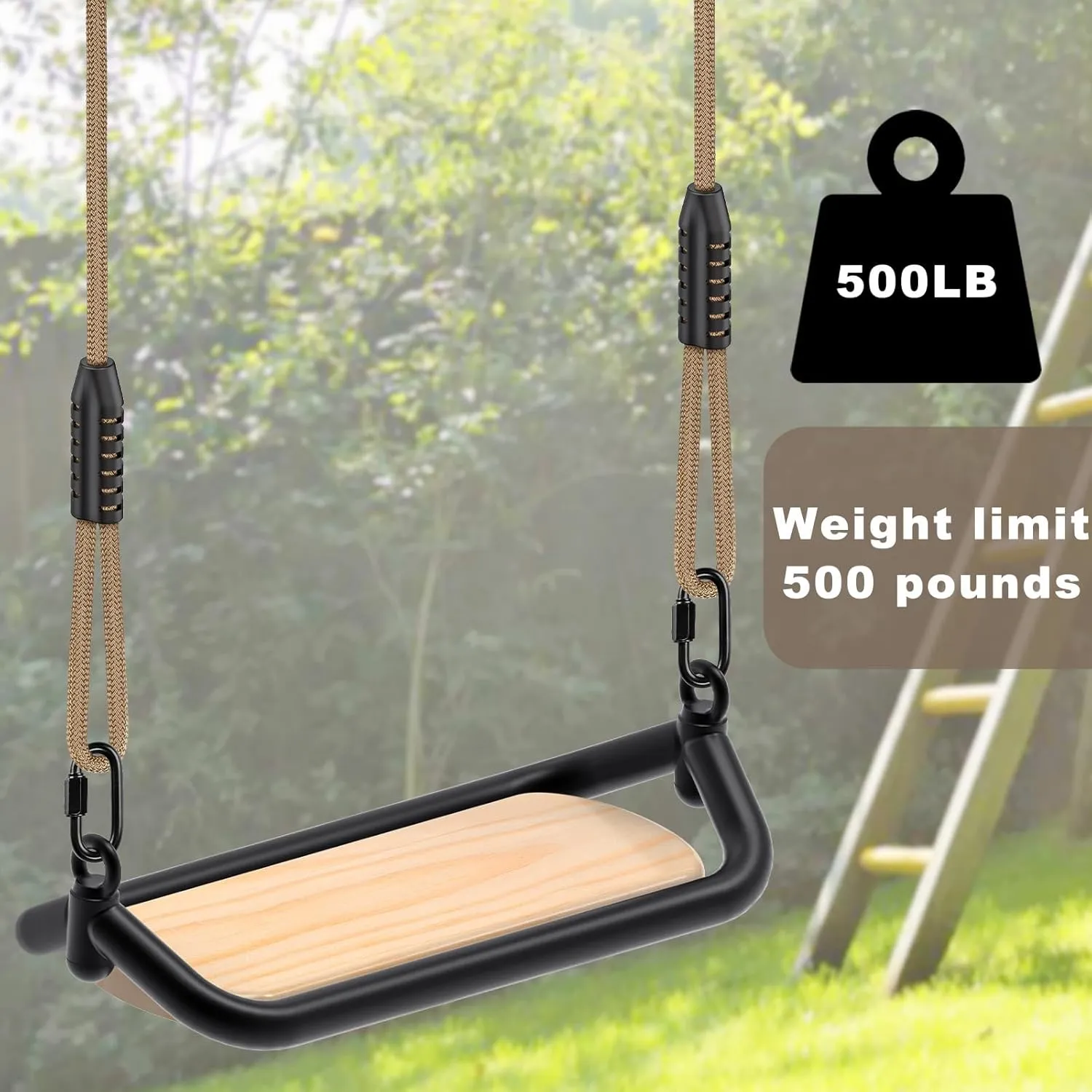 SELEWARE Heavy Duty Wooden Tree Swing for Kids & Adults, 500lbs Capacity, Adjustable Rope, 17"x 7.2" Seat for Indoor & Outdoor Use